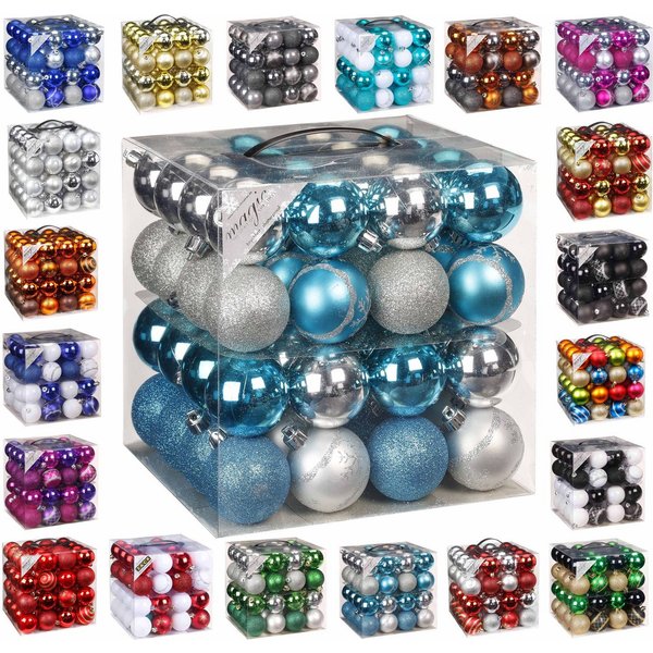 JACK Christbaumschmuck 64x Kunststoff Christbaumkugeln Ø 6cm Baum Kugeln inkl. Aufhänger, Mit praktischer Aufbewahrungsbox, Optik: matt / glänzend / glitzernd