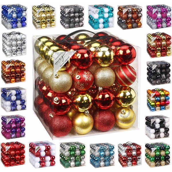 JACK Christbaumschmuck 64x Kunststoff Christbaumkugeln Ø 6cm Baum Kugeln inkl. Aufhänger, Mit praktischer Aufbewahrungsbox, Optik: matt / glänzend / glitzernd