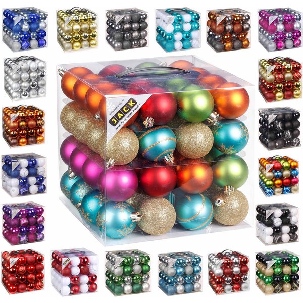 JACK Christbaumschmuck 64x Kunststoff Christbaumkugeln Ø 6cm Baum Kugeln inkl. Aufhänger, Mit praktischer Aufbewahrungsbox, Optik: matt / glänzend / glitzernd