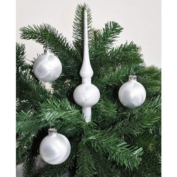 JACK Christbaumschmuck Eislack Glas Christbaumkugeln Set 15x Kugel 6cm + 1x Spitze 25cm Weiß, echt Glas, teilweise Handarbeit, inkl. praktischer Aufbewahrungsbo