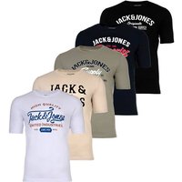 JACK AND JONES JACK&JONES Herren T-Shirt, 5er Pack - JJLEOGRA TEE CREW NECK, Kurzarm, Rundhals, Baumwolle, Logo-Print, Größe L in Schwarz