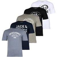 JACK AND JONES JACK&JONES Herren T-Shirt, 5er Pack - JJLEOGRA TEE CREW NECK, Kurzarm, Rundhals, Baumwolle, Logo-Print, Größe 2XL in Schwarz
