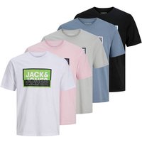 JACK AND JONES JACK&JONES Herren T-Shirts, 5er Pack - JCOLOGAN SUMMER PRINT, Rundhals, Baumwolle, Größe S in Pink