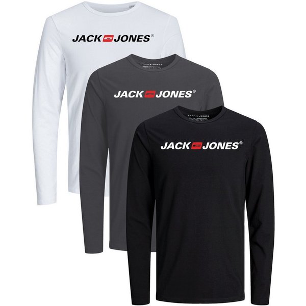 Jack & Jones Langarmshirt Regular-Fit mit stilvollem Printdruck (Spar-Set, 3er-Pack) in Unifarbe aus Baumwolle, mit lizenziertem Originaldesign Print