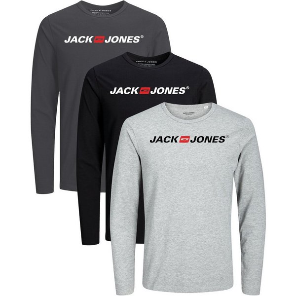 Jack & Jones Langarmshirt Regular-Fit mit stilvollem Printdruck (Spar-Set, 3er-Pack) in Unifarbe aus Baumwolle, mit lizenziertem Originaldesign Print