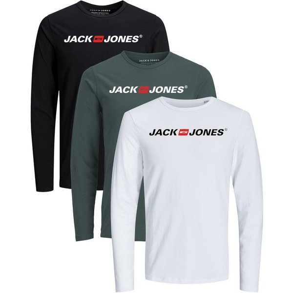 Jack & Jones Langarmshirt Regular-Fit mit stilvollem Printdruck (Spar-Set, 3er-Pack) in Unifarbe aus Baumwolle, mit lizenziertem Originaldesign Print