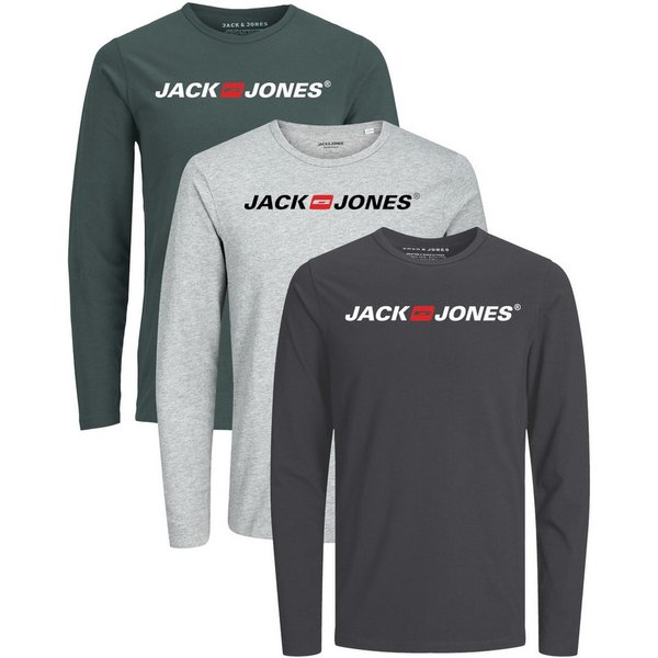 Jack & Jones Langarmshirt Regular-Fit mit stilvollem Printdruck (Spar-Set, 3er-Pack) in Unifarbe aus Baumwolle, mit lizenziertem Originaldesign Print
