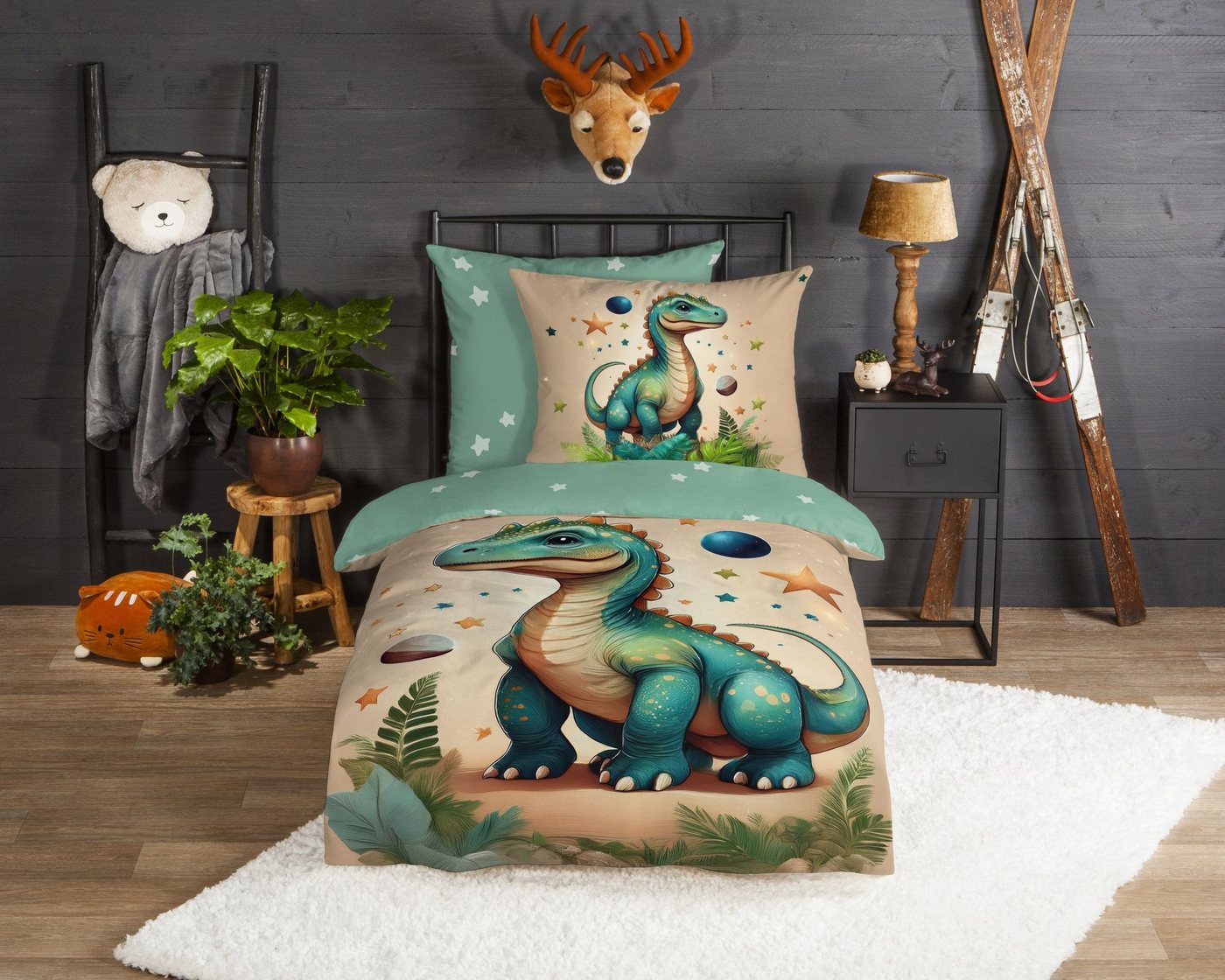 JACK Kinderbettwäsche 135x200cm, Dinosaurier Sterne Grün, Flanell, 2 teilig, mit beeindruckendem Dinosaurier im Sternenstaub – Bild 2 von 5