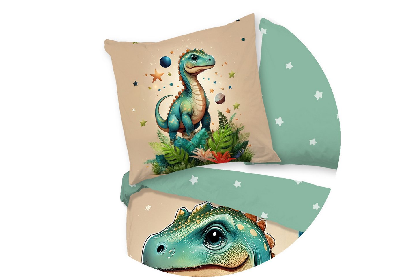 JACK Kinderbettwäsche 135x200cm, Dinosaurier Sterne Grün, Flanell, 2 teilig, mit beeindruckendem Dinosaurier im Sternenstaub – Bild 5 von 5