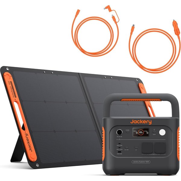 Jackery 1000 v2 Powerstation mit 100W Solarpanel & 5 m Verlängerungskabel & DC8020 Kfz-Ladekabel 30400 mAh (12, 230 V), 1070Wh/1500W Std. Schnellladung, für Cam