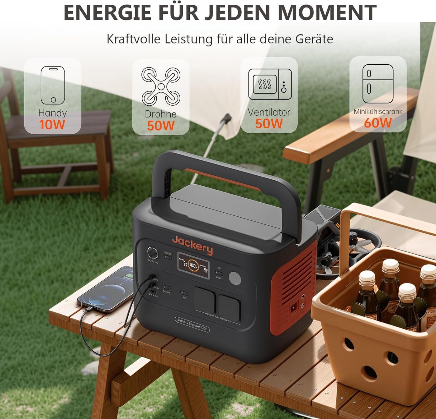 Jackery Stromerzeuger 1000 v2 tragbare Powerstation mit 200W Solargenerator 1070Wh, 3 in kW, mit Kfz-Ladekabel, 1 Std. Schnellladung LiFePO4 für Camping, Notfal – Bild 3 von 5