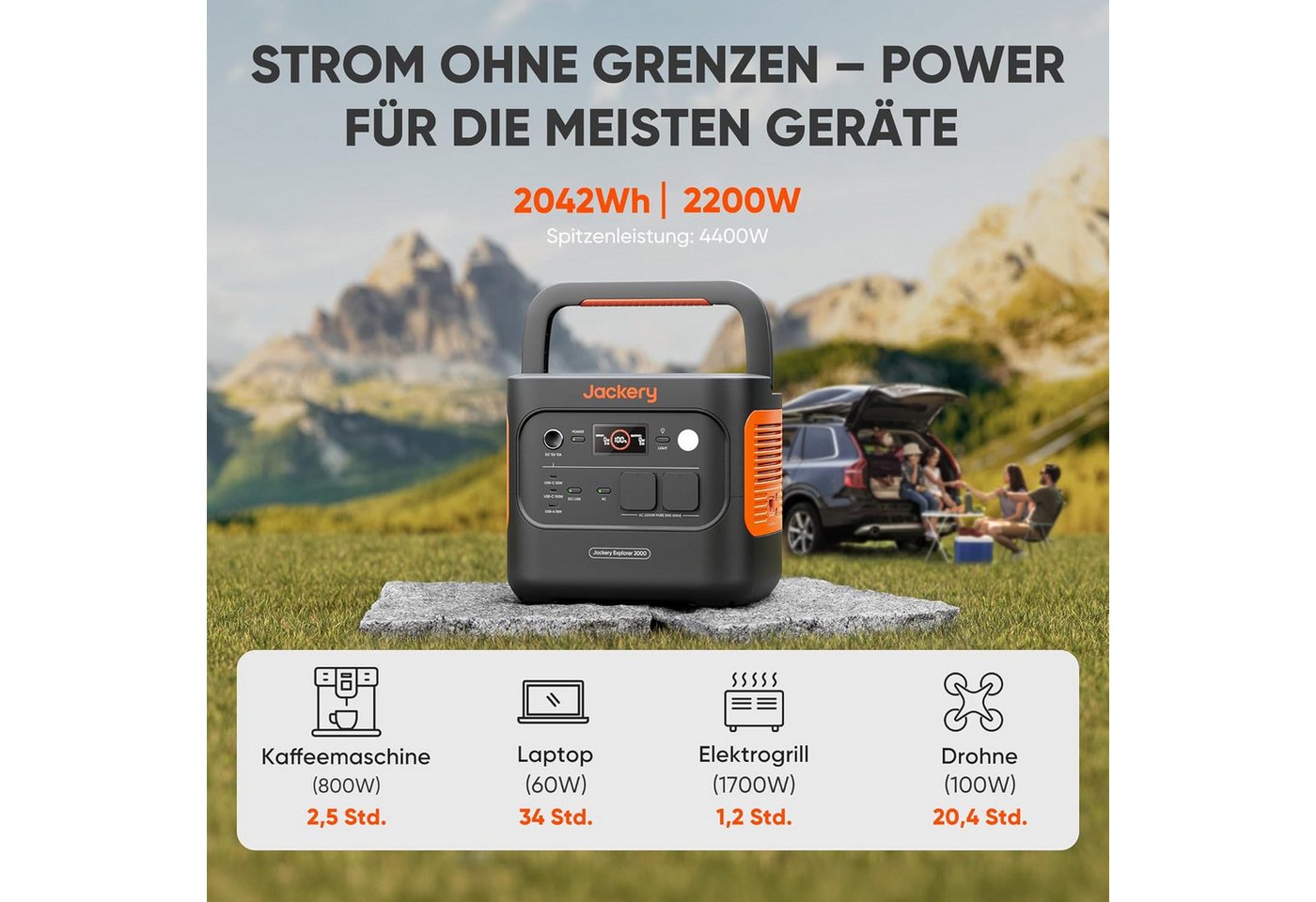Jackery Stromerzeuger 2000 v2 Tragbare Powerstation mit 200W Solarpanel, 4400 in kW, (2042Wh), Solargenerator mit 2200W Ausgang, LiFePO4 Akku für Camping, Off-G – Bild 4 von 5
