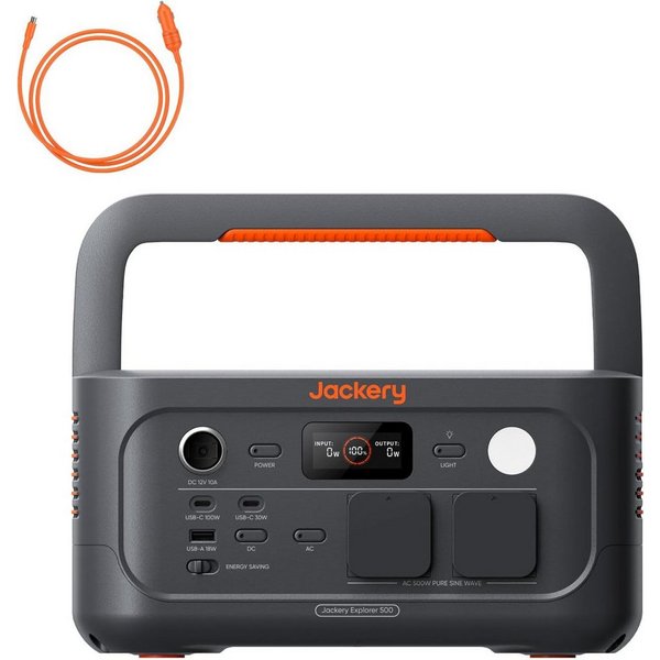 Jackery Stromerzeuger 500 V2 Tragbare Powerstation mit KFZ-Ladekabel, 512Wh Solargenerator, 1 in kW, 230V/500W (Spitze 1000W) mit Schnellladung, LFP für Camping