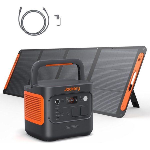 Jackery Stromerzeuger E2000 v2 Tragbare Powerstation mit 200W Solarpanel mit 5M Kabel, 4,4 in kW, 2042Wh/2200W Solargenerator LiFePO4 Schnellladung für Camping,