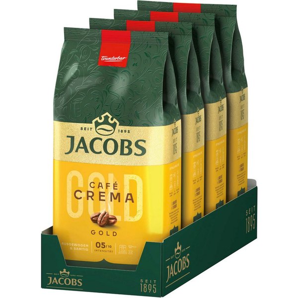JACOBS Kaffee Kaffeebohnen Expertenröstung Café Crema Gold ganze Bohnen 4 x 1 kg, (Packung, 4er Pack)
