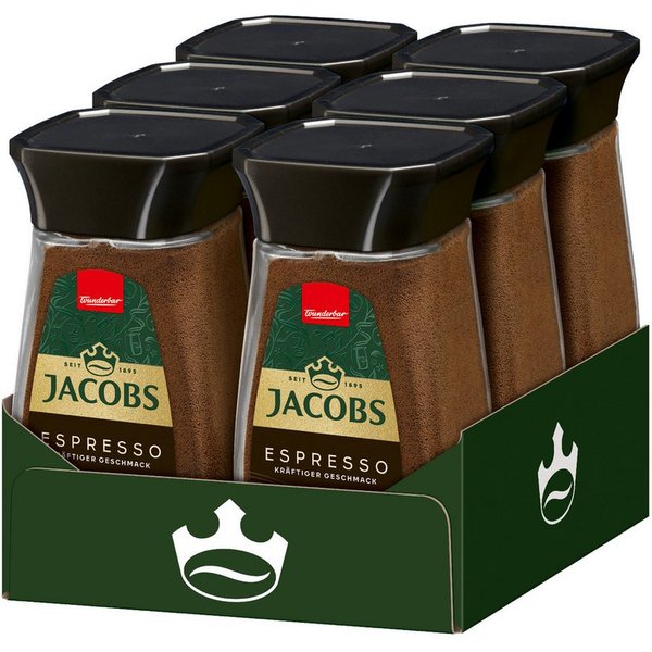 JACOBS Kaffee Löskaffee Typ Espresso 6 x 100 g Gläser Instantkaffee, (Packung, 6er Pack)