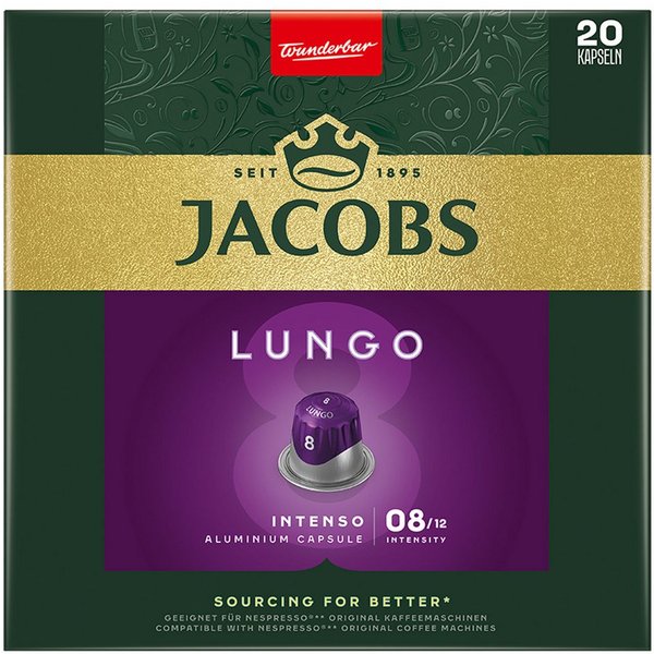 JACOBS Kaffee, Jacobs Kapseln Lungo 8 Intenso 20 Aluminium Kapseln für Nespresso 104g