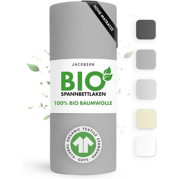 Jacobson Spannbettlaken BIO, Jersey Spannbetttuch, Bettlaken 160 g/m², 100% BIO-Baumwolle, Gummizug: rundum, GOTS zertifiziert