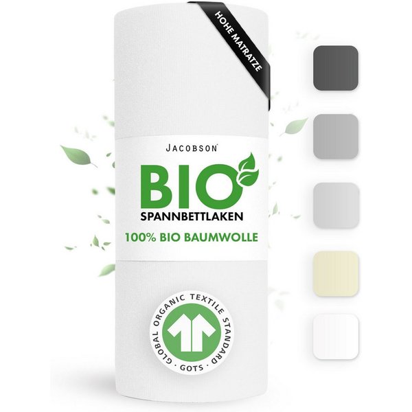 Jacobson Spannbettlaken BIO, Jersey Spannbetttuch, Bettlaken 160 g/m², 100% BIO-Baumwolle, Gummizug: rundum, GOTS zertifiziert