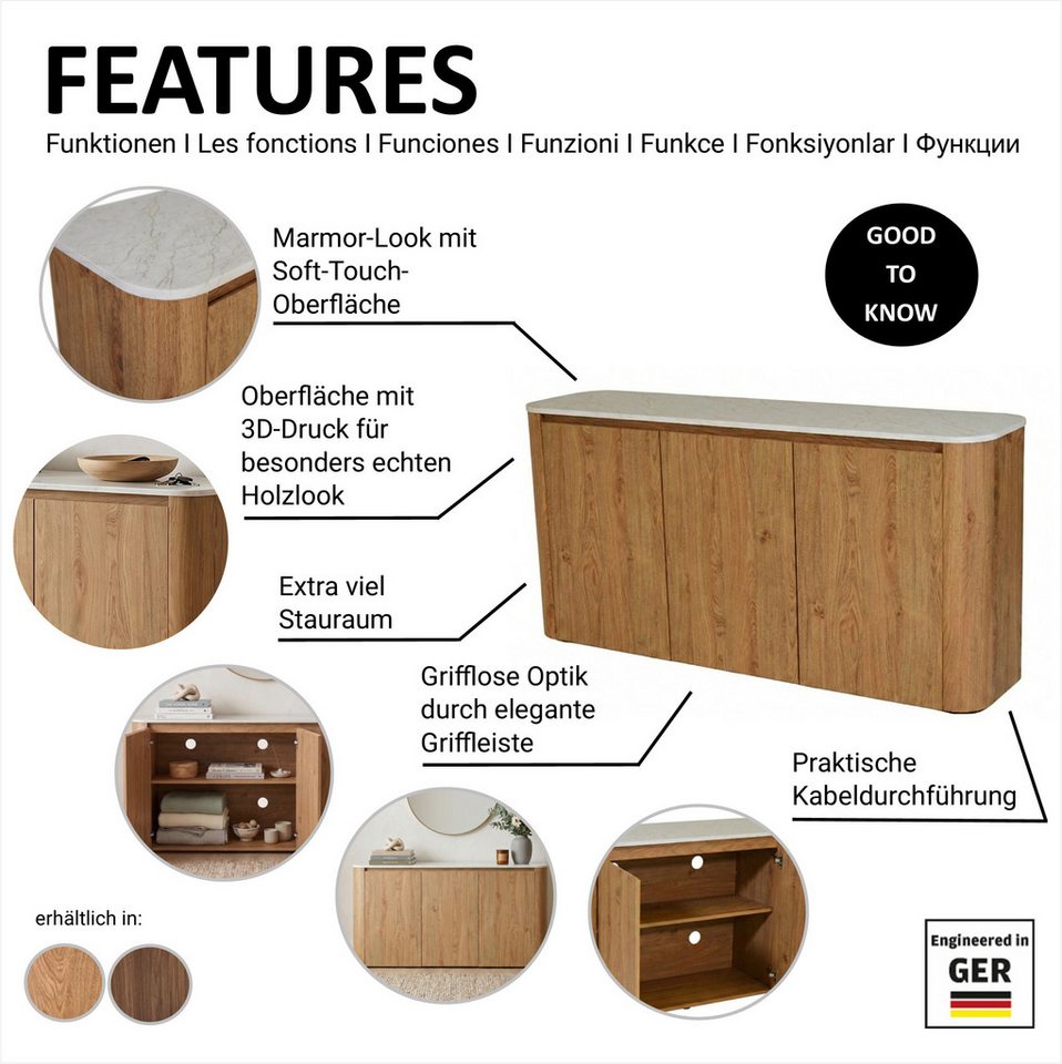 Jahnke Sideboard TRESOR SB 150, Sideboard, Marmor Look, grifflose Optik, 3 Türen, Breite:150 cm – Bild 3 von 5