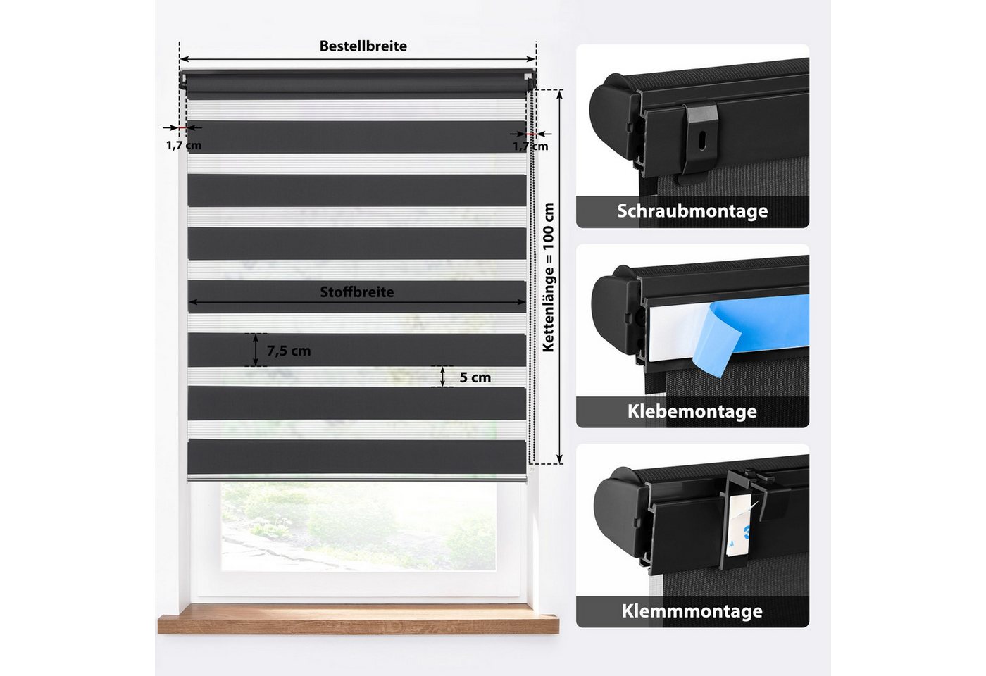 Doppelrollo 32,5 x 130 cm, schwarz [Stoffbreite 29,1 cm], jalousiescout, blickdicht, mit Bohren/ohne Bohren, freihängend, Klemmen, Kleben und Schrauben OHNE Auf – Bild 2 von 5