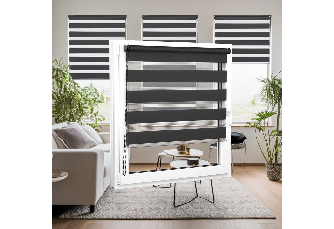 Doppelrollo 32,5 x 130 cm, schwarz [Stoffbreite 29,1 cm], jalousiescout, blickdicht, mit Bohren/ohne Bohren, freihängend, Klemmen, Kleben und Schrauben OHNE Auf – Bild 5 von 5