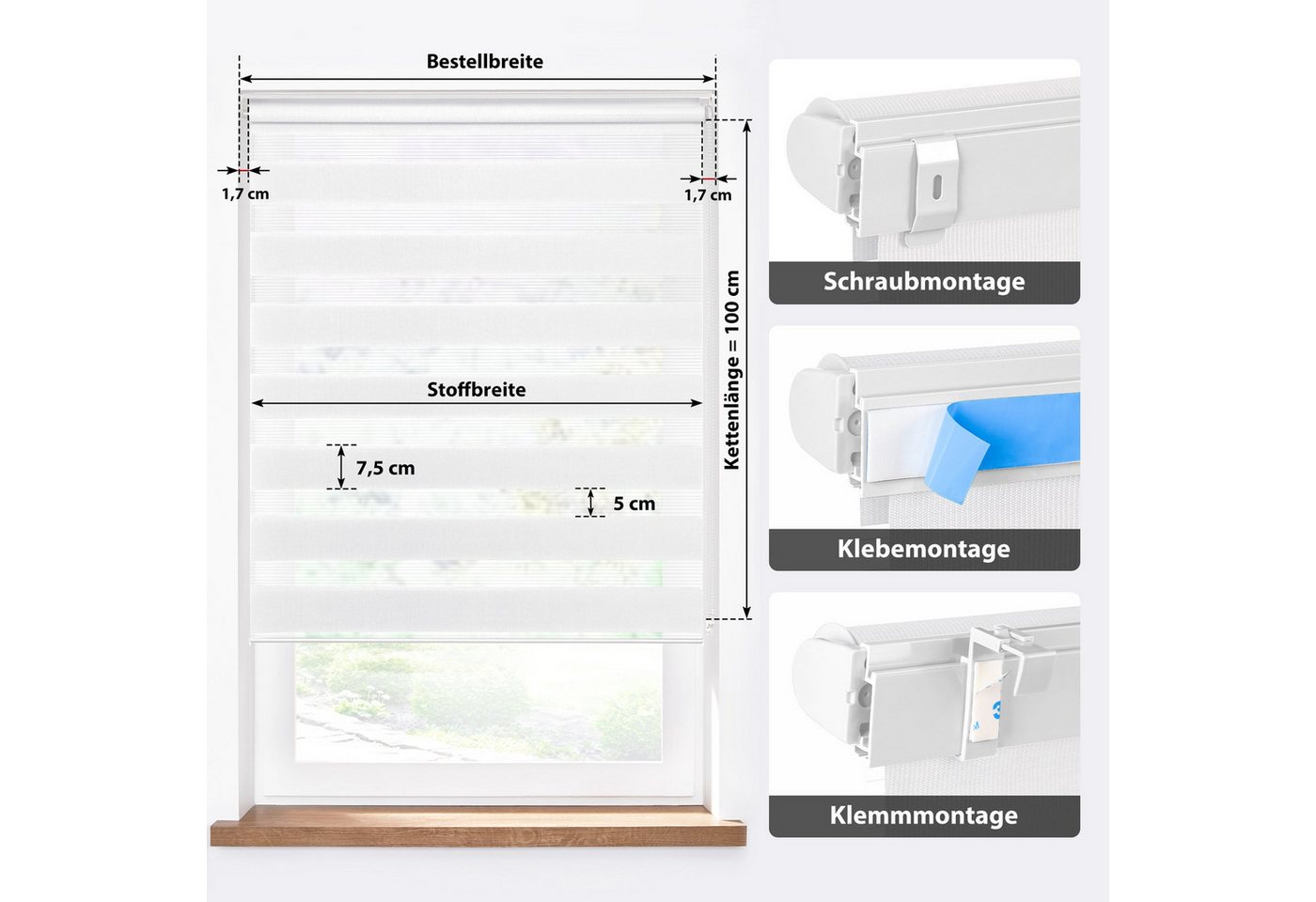 Doppelrollo 32,5 x 130 cm, weiß [Stoffbreite 29,1 cm], jalousiescout, blickdicht, mit Bohren/ohne Bohren, freihängend, Klemmen, Kleben und Schrauben OHNE Aufpre – Bild 2 von 5