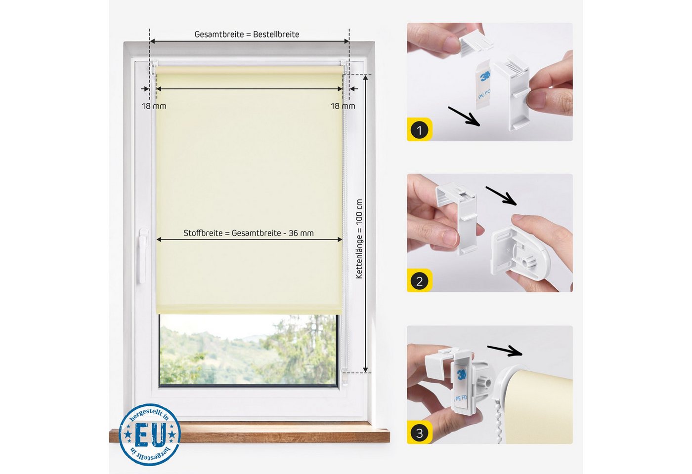 Rollo Lichtdurchlässig, 30 x 100 cm, creme [Stoffbreite 26,6 cm], jalousiescout, blickdicht, ohne Bohren, freihängend, Klemmfix, vormontiert, mit Kindersicherun – Bild 2 von 5