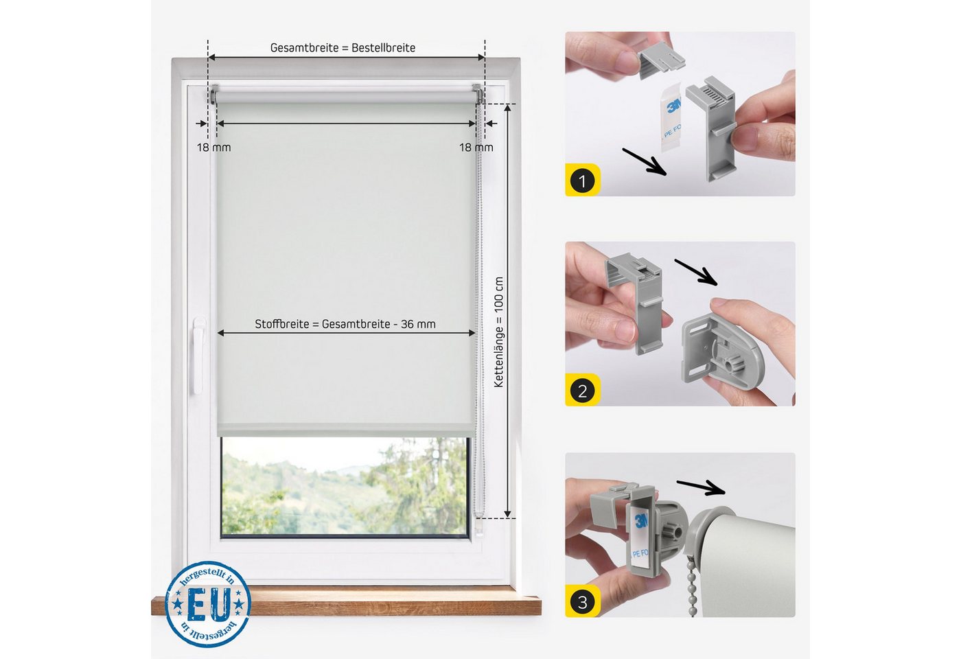 Rollo Lichtdurchlässig, 37,5 x 110 cm, hellgrau [Stoffbreite 34,1 cm], jalousiescout, blickdicht, ohne Bohren, freihängend, Klemmfix, vormontiert, mit Kindersic – Bild 2 von 5