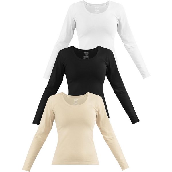 Janice Langarmshirt 3 x Damen Langarmshirt Nimes Figurbetonter Pullover aus Baumwolle