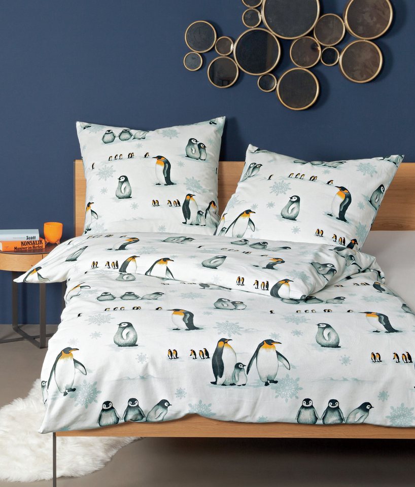 Janine Bettwäsche Edel Baumwolle, Flanell, 2 teilig, Pinguine, eisblau – Bild 3 von 5