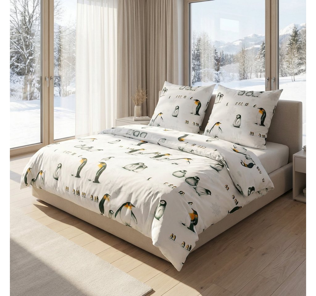 Janine Bettwäsche Edel Baumwolle, Flanell, 2 teilig, Pinguine, eisblau – Bild 4 von 5