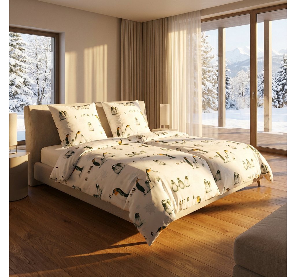 Janine Bettwäsche Edel Baumwolle, Flanell, 2 teilig, Pinguine, eisblau – Bild 5 von 5