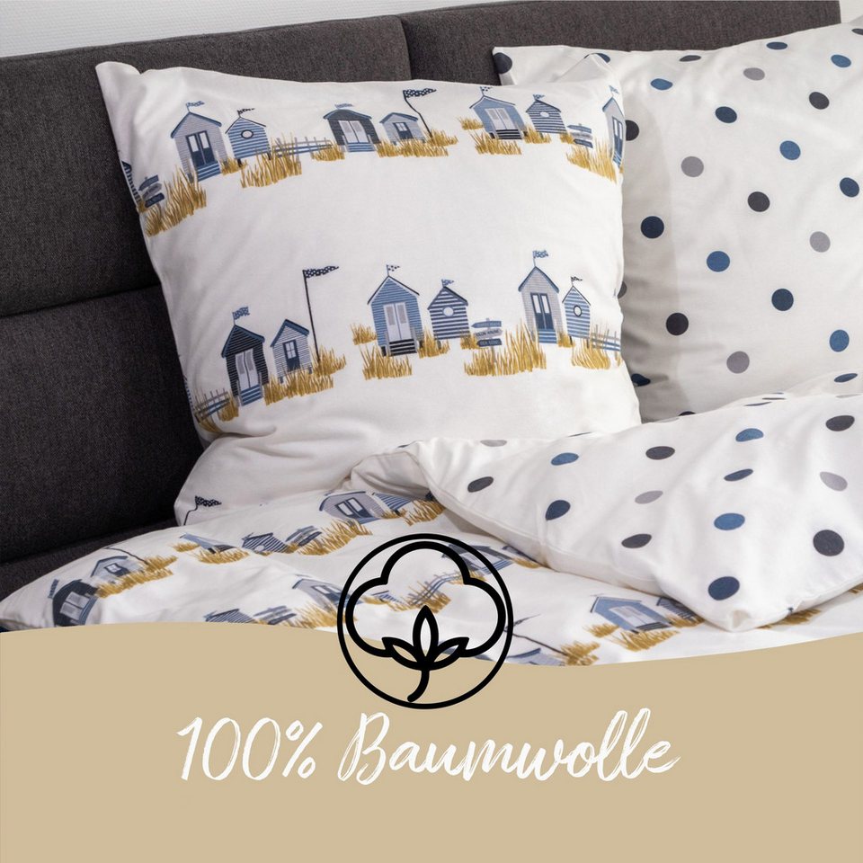 Janine Bettwäsche Edel Baumwolle, Flanell, 2 teilig, maritim, Strandhäuser, Wendeseite mit Punkten – Bild 3 von 5