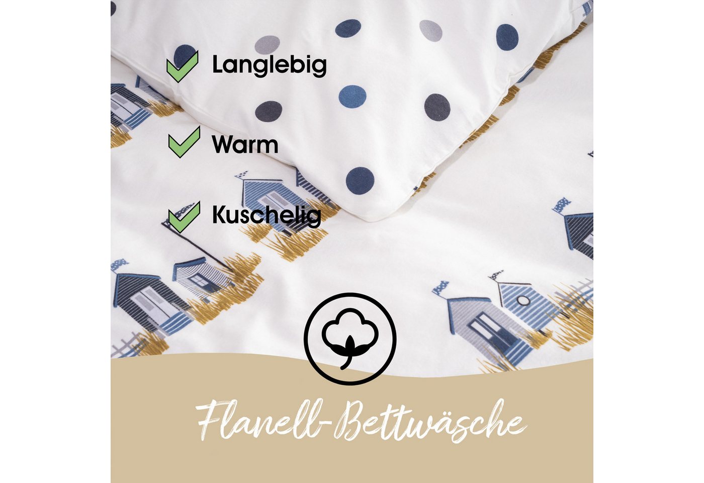 Janine Bettwäsche Edel Baumwolle, Flanell, 2 teilig, maritim, Strandhäuser, Wendeseite mit Punkten – Bild 4 von 5