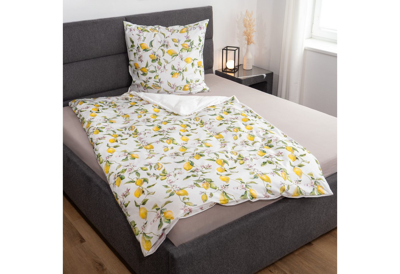 Janine Bettwäsche Satin, Satin, 2 teilig, Zitronen, gelb, weißer Hintergrund – Bild 2 von 5