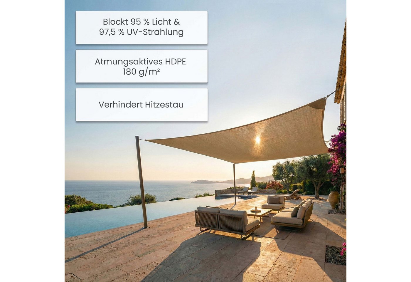 Jardinion Sonnensegel, (Rechteckig 2 x 3m Grau Sonnenschutz, Luftdurchlässig, 1-tlg), inkl. Befestigungsseil – Bild 3 von 5