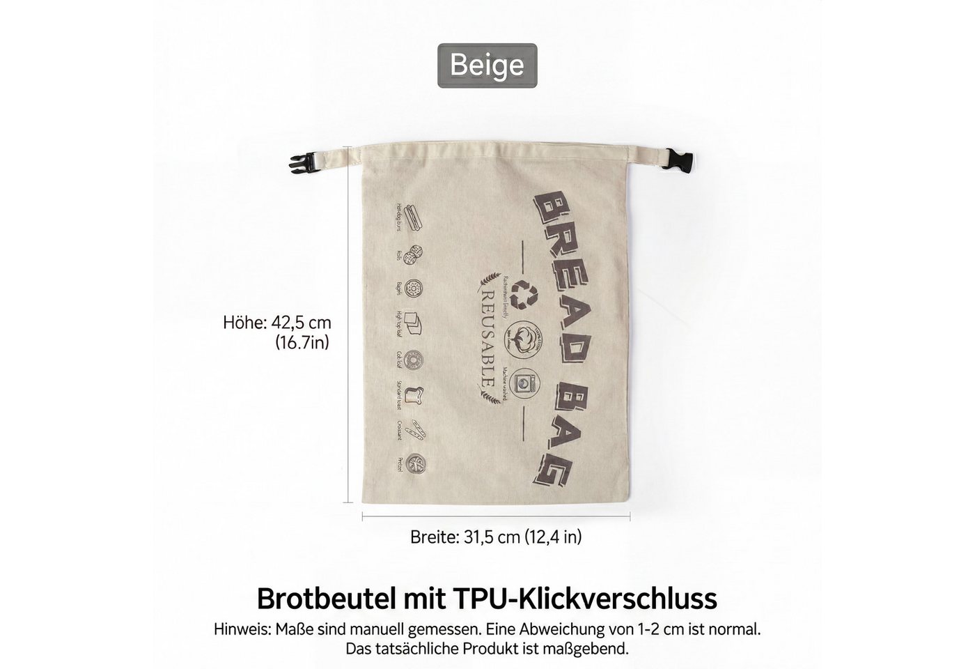 JASLIFE Brottasche Brotbeutel wiederverwendbar mit Clipverschluss, Baumwolle, waschbar, (Einzelstück, 2er Set, 1-tlg., 1-teilig), wiederverwendbar, leicht zu re – Bild 2 von 5