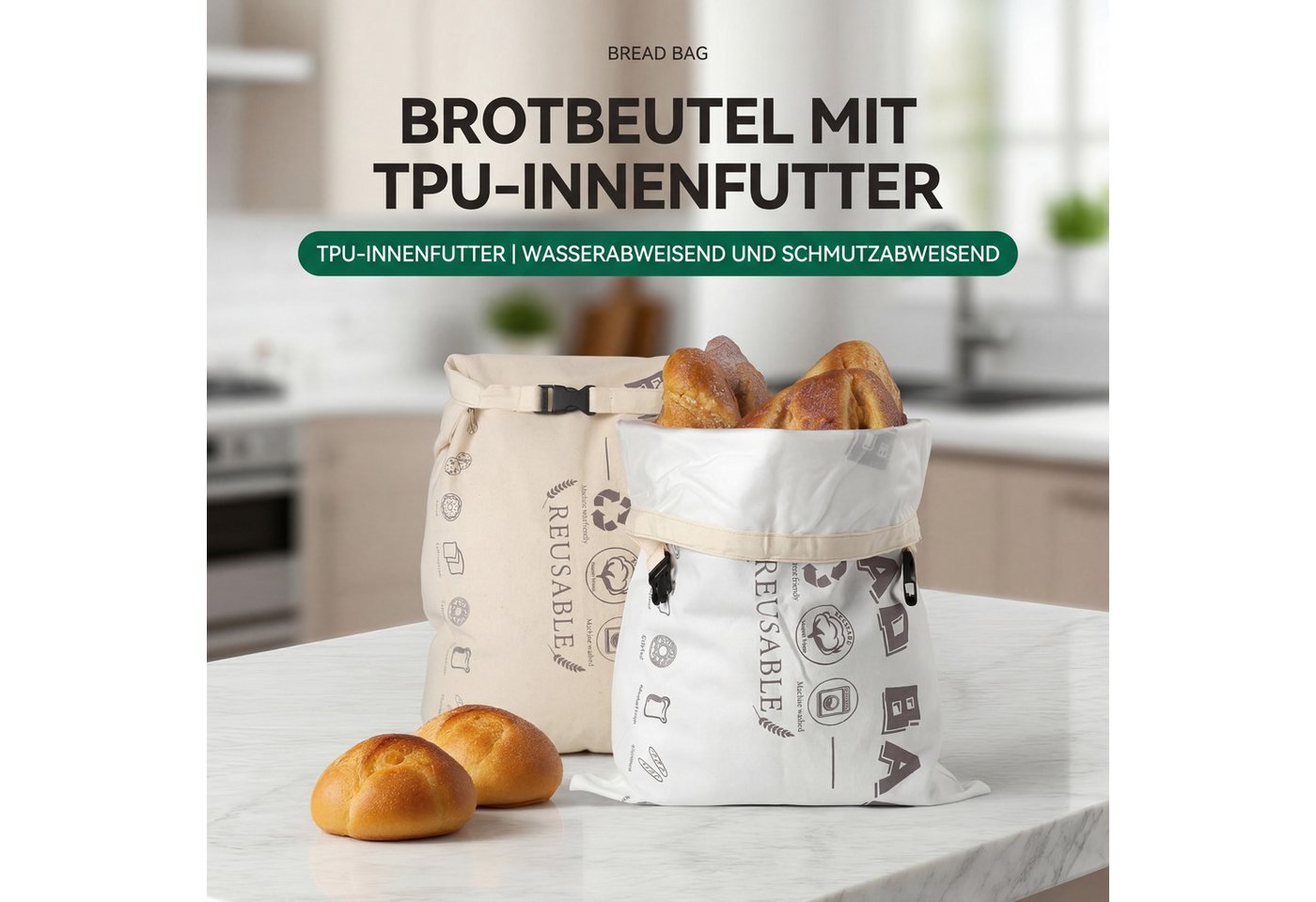 JASLIFE Brottasche Brotbeutel wiederverwendbar mit Clipverschluss, Baumwolle, waschbar, (Einzelstück, 2er Set, 1-tlg., 1-teilig), wiederverwendbar, leicht zu re – Bild 3 von 5