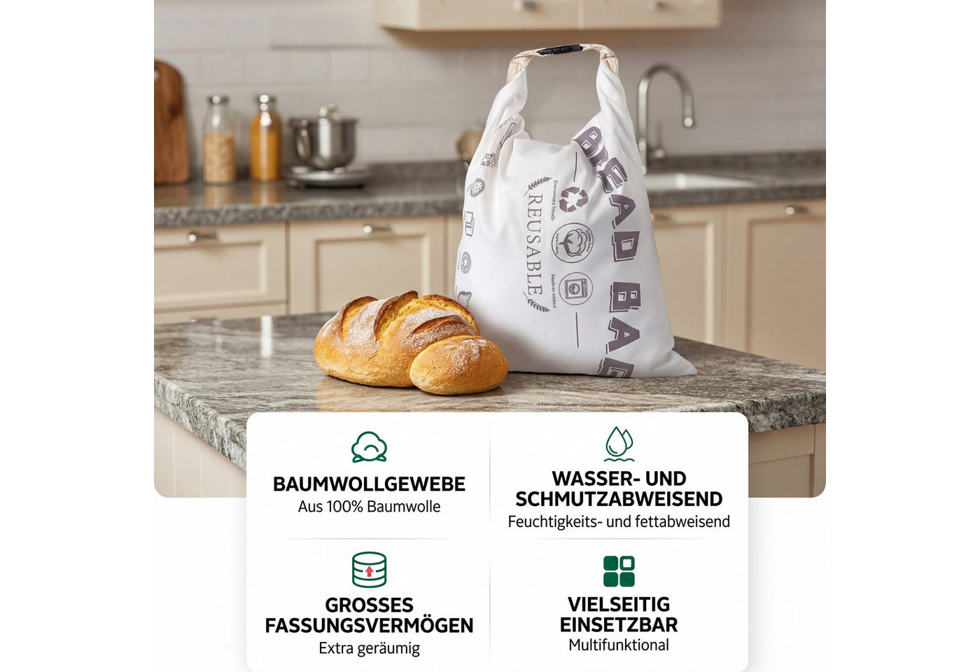 JASLIFE Brottasche Brotbeutel wiederverwendbar mit Clipverschluss, Baumwolle, waschbar, (Einzelstück, 2er Set, 1-tlg., 1-teilig), wiederverwendbar, leicht zu re – Bild 4 von 5