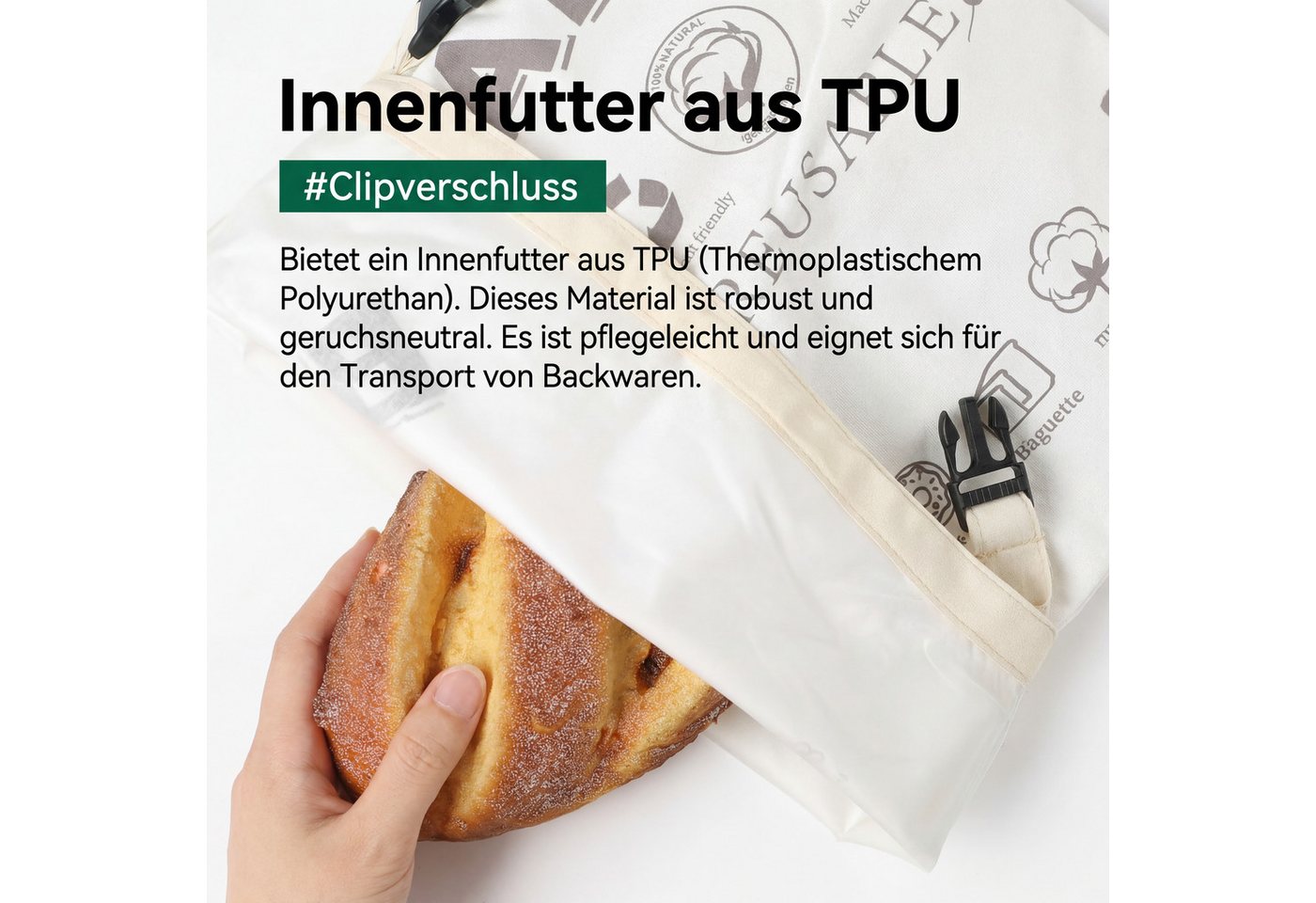 JASLIFE Brottasche Brotbeutel wiederverwendbar mit Clipverschluss, Baumwolle, waschbar, (Einzelstück, 2er Set, 1-tlg., 1-teilig), wiederverwendbar, leicht zu re – Bild 5 von 5