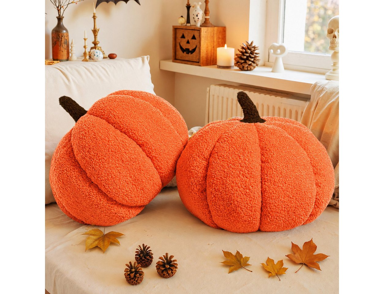 JASLIFE Dekofigur Kürbis2er-Set (2 St), Teddyplüsch-Optik, ideal als herbst deko und halloween deko – Bild 2 von 5