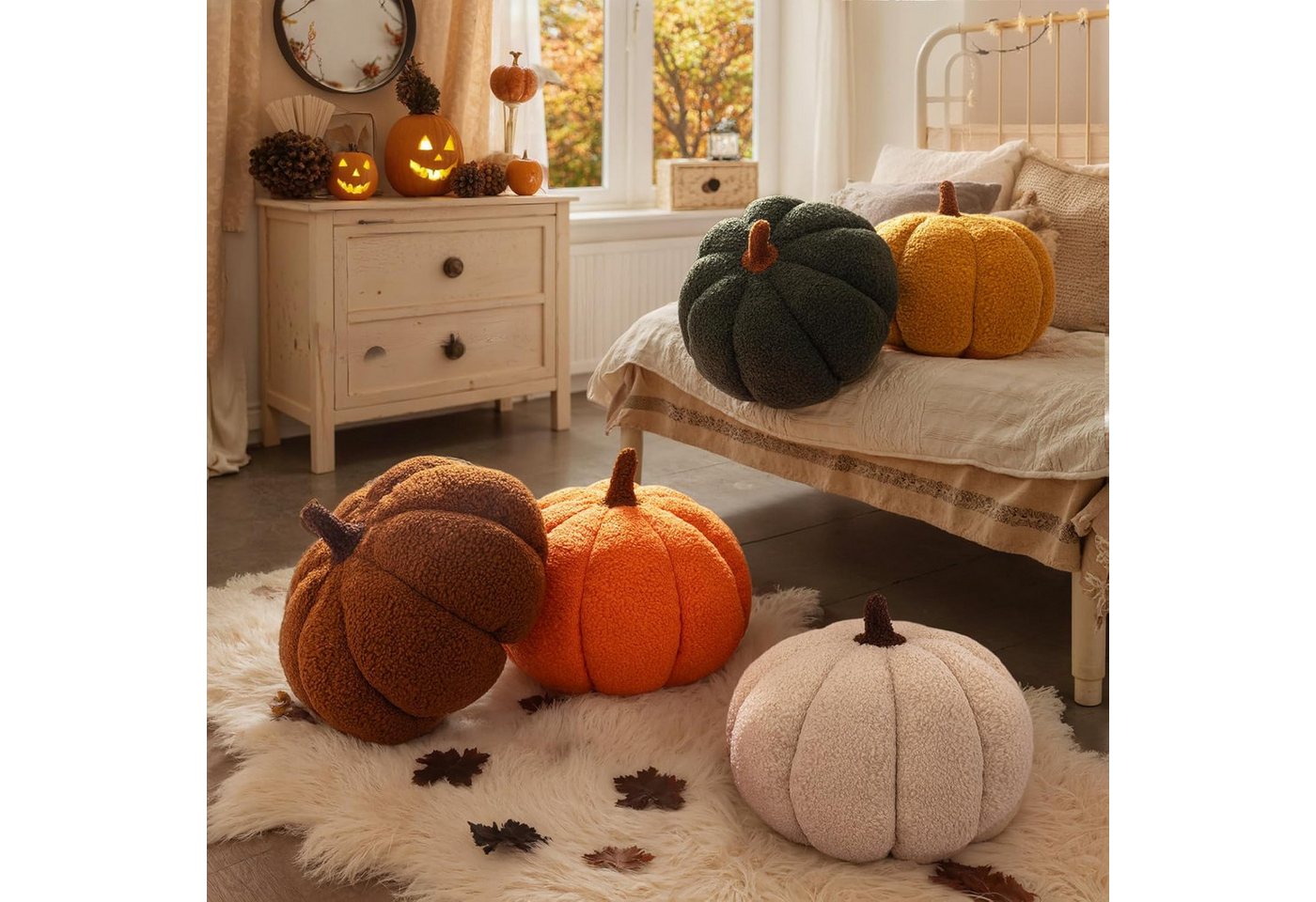 JASLIFE Dekofigur Kürbis2er-Set (2 St), Teddyplüsch-Optik, ideal als herbst deko und halloween deko – Bild 4 von 5