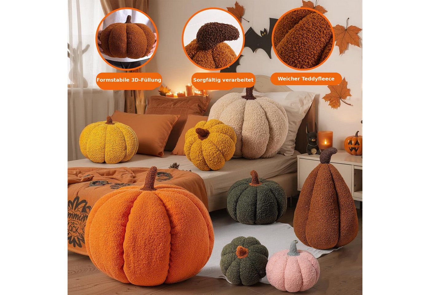 JASLIFE Dekofigur Kürbis2er-Set (2 St), Teddyplüsch-Optik, ideal als herbst deko und halloween deko – Bild 5 von 5