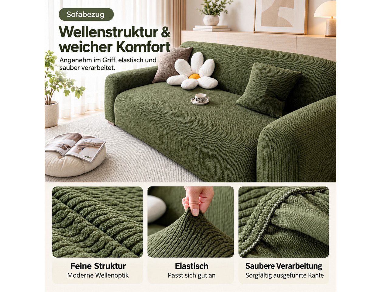 JASLIFE Sofahusse Stretch-Wellenstruktur, weich, elastisch und mit Befestigungsband – Bild 2 von 5