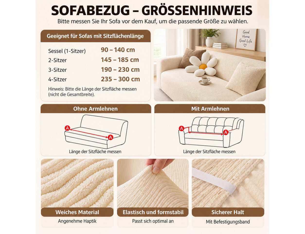 JASLIFE Sofahusse Stretch-Wellenstruktur, weich, elastisch und mit Befestigungsband – Bild 4 von 5