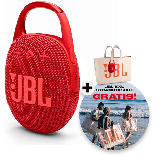 JBL Set: Clip 5 + Strandtasche Bluetooth-Lautsprecher (A2DP Bluetooth, Bluetooth, AVRCP Bluetooth, 7 W, Ultra-kompakter wasserdichter Lautsprecher mit Strandtas