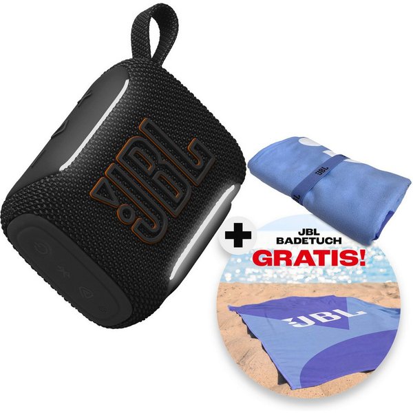 JBL Set: GO 5 + Strandtuch Bluetooth-Lautsprecher (A2DP Bluetooth, Bluetooth, AVRCP Bluetooth, 4,8 W, Kompakter, wasserdichter und stoßfester Lautsprecher mit S