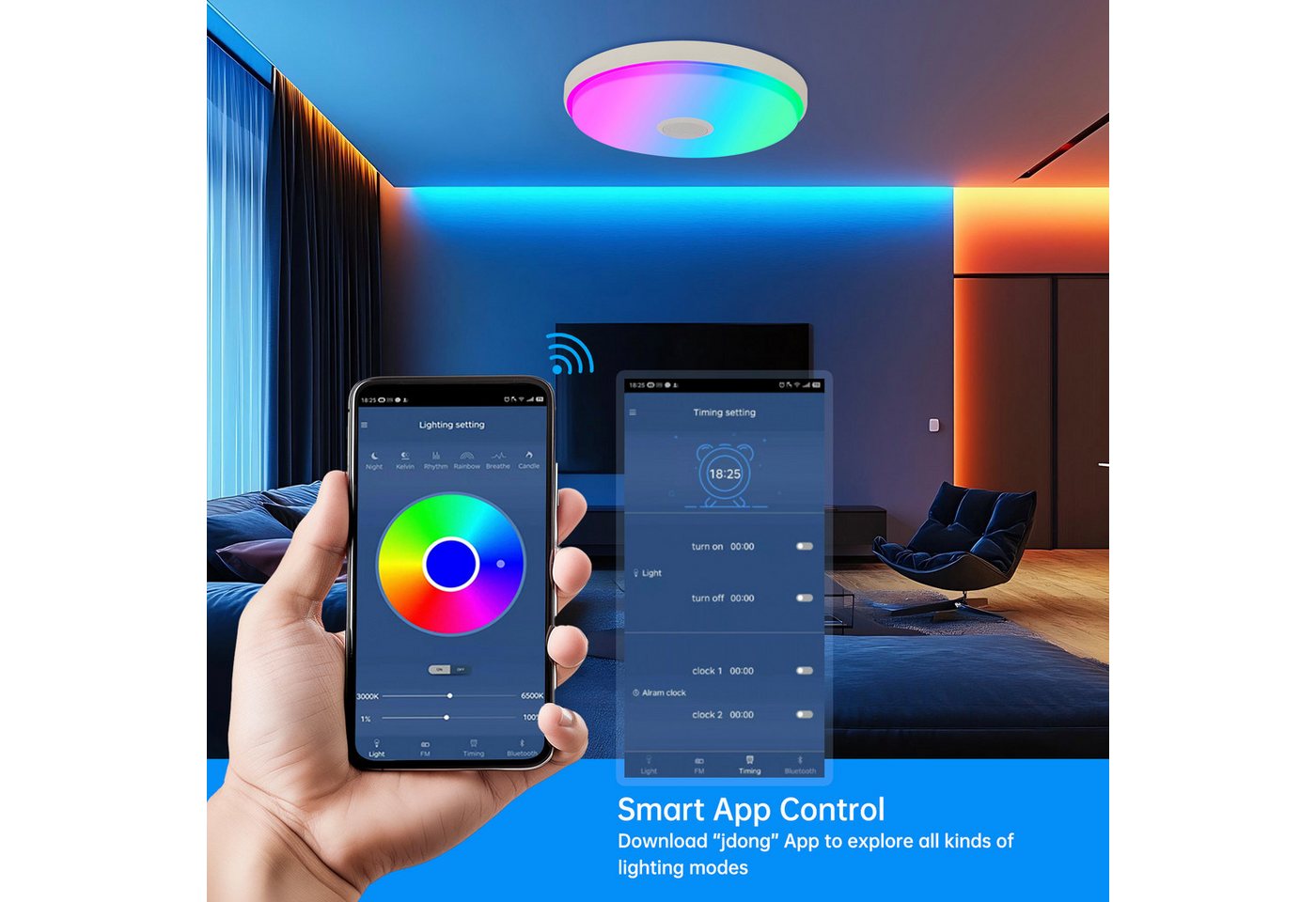 JDONG Deckenleuchte Dimmbar mit Bluetooth Lautsprecher 30/37/40/50/60CM, Deckenlamp mit Fernbedienung 3000-6500k RGB Farbwechsel, APP-Steuerung Musikwiedergabe  – Bild 3 von 5