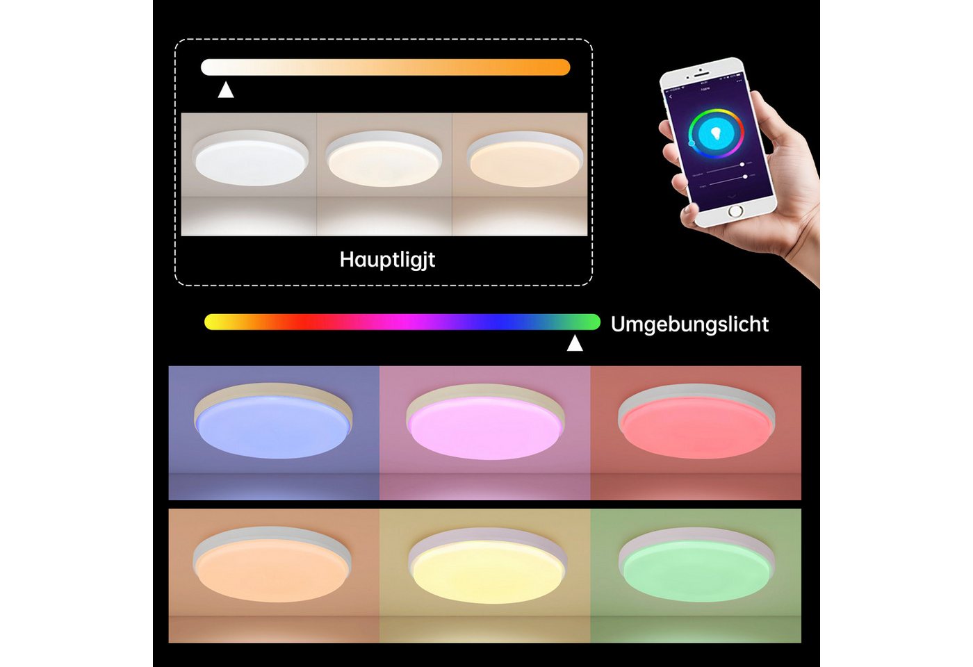 JDONG Deckenleuchte LED 30/40/50CM, RGB Deckenleuchte Rund 3000K-6500K, Led Deckenleuchte dimmbar, Kompatibel mit Alexa, APP-Steuerung, Google Assistant, Fernbe – Bild 2 von 5